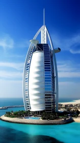 Sail-shaped offshore tower stands on artificial island shoreline