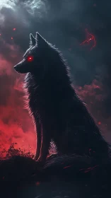 Demonic wolf silhouette sits in backlit crimson storm glow