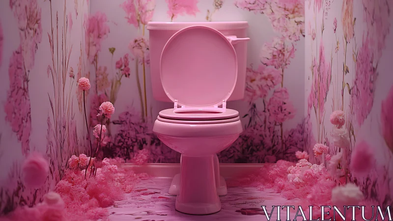 Monochrome pink floral toilet vignette in surreal bathroom set.