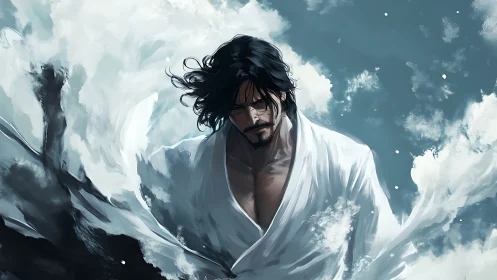 Digital painting of stoic swordsman in swirling cloudscape.