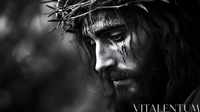 Crowned figure in monochrome sorrowful close-up portrait.