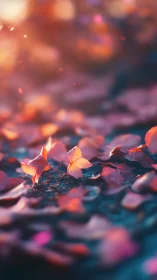 Gentle autumn glow over fallen petals and soft light.