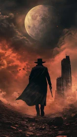 Lone armed figure walks toward ruined tower under large moon