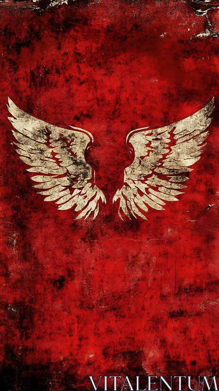 Weathered white wings spread over distressed crimson field
