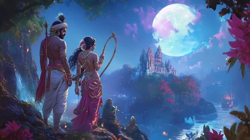 Mythic couple overlooking moonlit riverside temple landscape