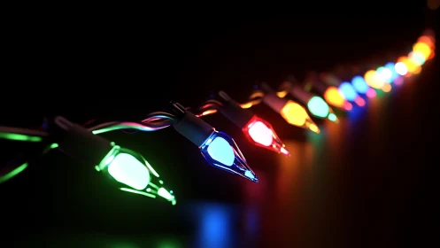 Holiday string lights glowing with vivid bokeh trail.