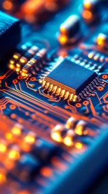 Glowing microchip dominates illuminated blue orange circuit board