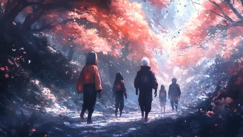Anime squad walking under glowing red forest canopy.