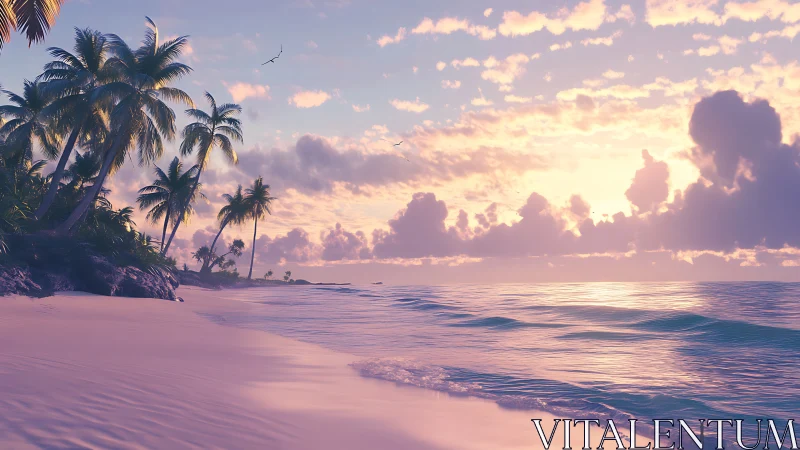 Tropical Sunset Beach with Palm Trees and Glowing Sky