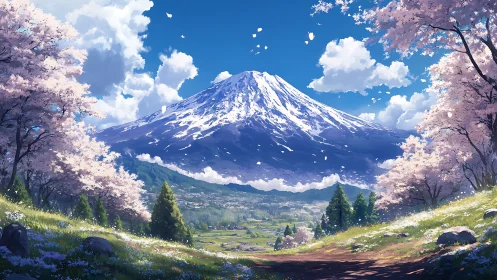 Snow crowned mountain rises over serene spring valley