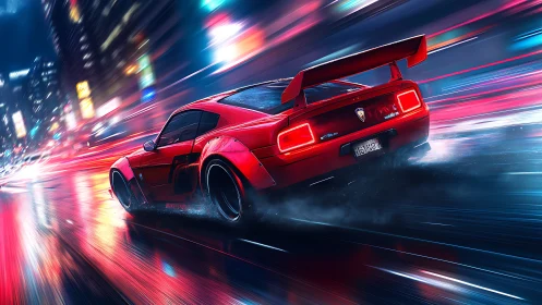 Red sports car racing through neon city streets at night.