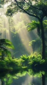 Sunlit rainforest glade with reflective emerald pool.