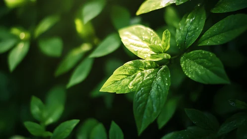 Close-up of fresh green leaves in sunlight, natural and vibrant.