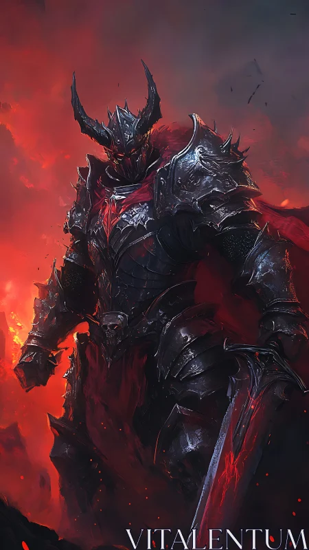 Hellforged dark knight stands amid roaring crimson flames.