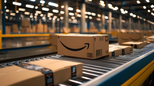 Amazon shipping boxes move along industrial conveyor belt