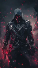 Hooded cyber hunter in crimson embers, cinematic stance.
