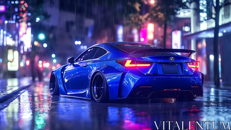 Blue sports coupe on wet city street at night in rain.