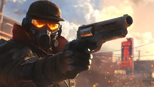 Armored gunman aims revolver through glowing gas mask