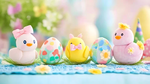 Pastel Easter chicks with decorated eggs on grass mat.
