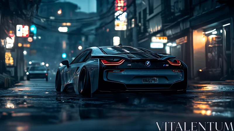 Futuristic BMW coupe on rain-soaked neon Tokyo backstreet.