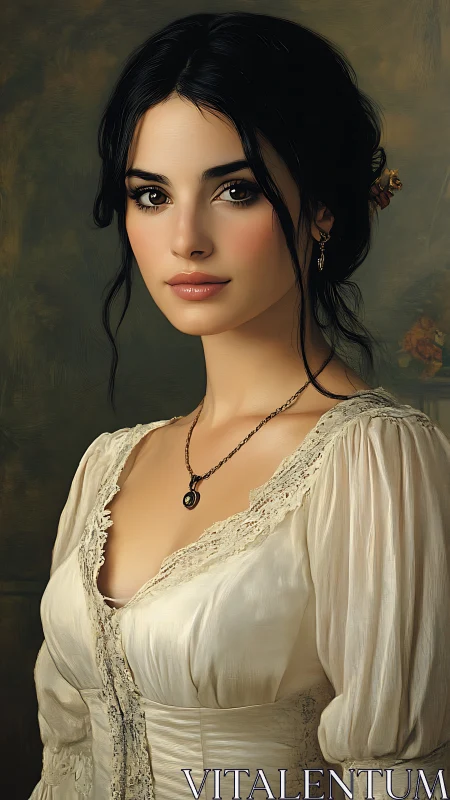 Elegant dark haired woman gazes softly in vintage portrait