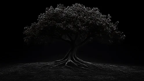 Solitary tree silhouette with exposed roots on dark ground.