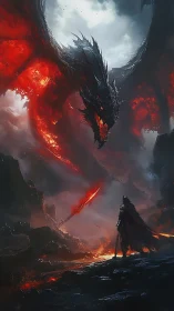 Lava-winged dragon confronts lone warrior in burning ravine.