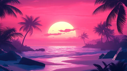 Neon lagoon sunset where palm silhouettes hum quietly.