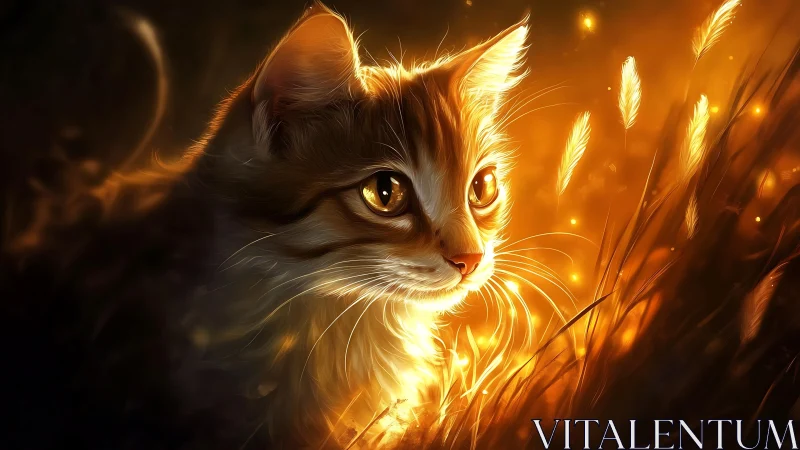 Digital rendering of a feline with luminous golden accents