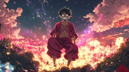 Anime boy in red robe stands over glowing fiery ground.