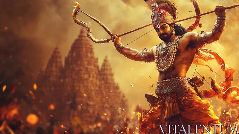Heroic archer deity dramatized in fiery cinematic digital art
