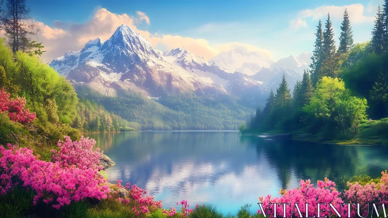 Snowy mountain range reflected in calm alpine lake