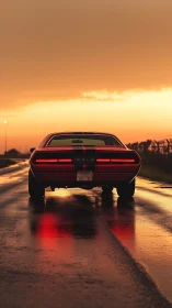 Rear muscle car silhouette reflects on wet road at sunset