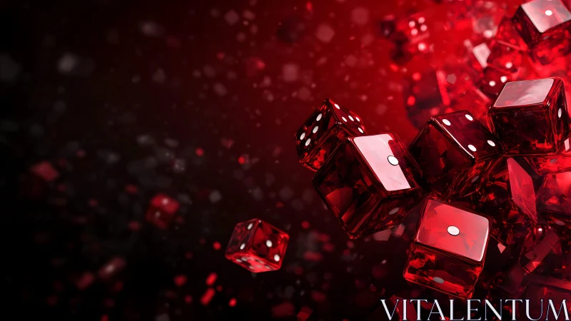 Shiny Red Dice Floating in Dramatic Abstract Digital Artwork.