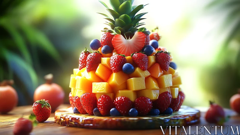 Layered tropical fruit tower with high-saturation lighting and bokeh