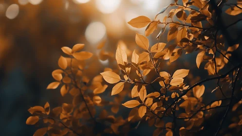 Autumn Leaves Close-Up with Warm Sunlight, Soft Focus Style.