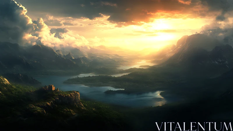 Sunlit kingdom cradled by misty mountains and deep lakes.