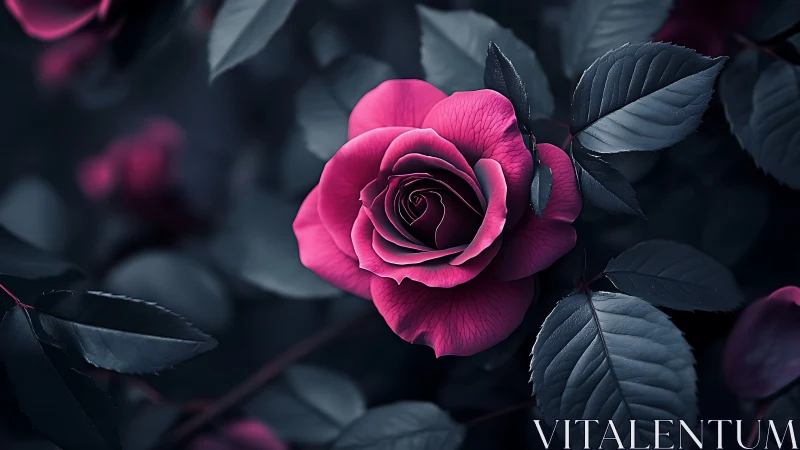 Magenta Rose with Dark Foliage: High-Contrast Botanical Study.