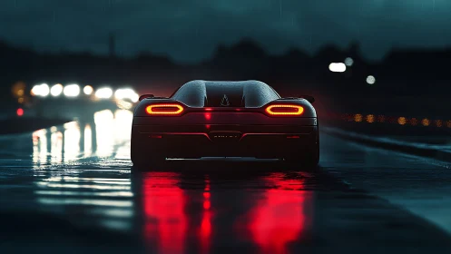 Supercar rear view glows against wet asphalt in cinematic rain