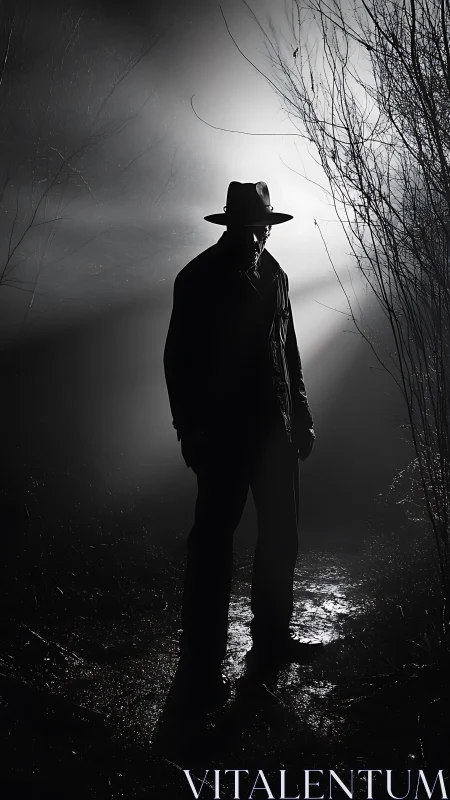 Shadowed figure stands in misty forest path at night.