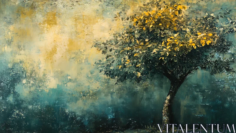 Solitary tree with golden foliage against teal abstract field.