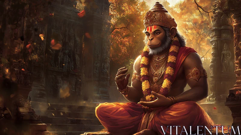 Serene monkey deity meditating in ornate temple garden.