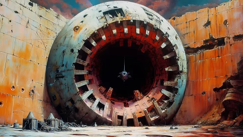 Derelict circular structure in rusted industrial wall.