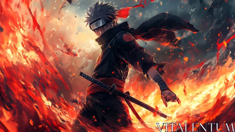 Masked ninja swordsman amid swirling fire and embers.