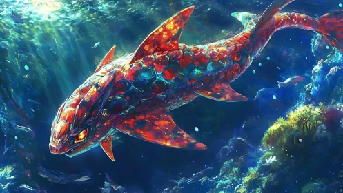 Crystal-scaled dragon shark glides through glowing reef seascape.