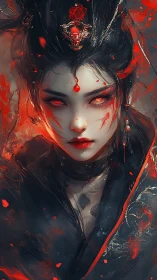 Digital painting portrait of infernal empress in red chiaroscuro.