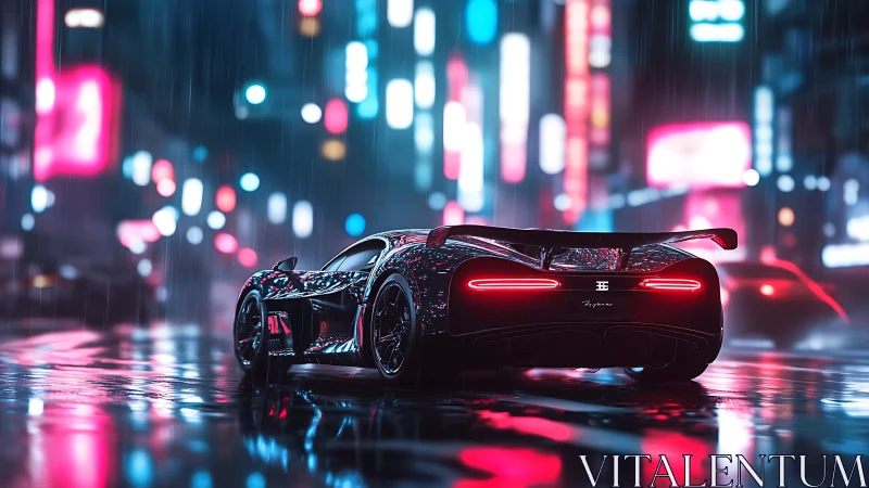 Midnight supercar glow on rain-soaked neon city streets.