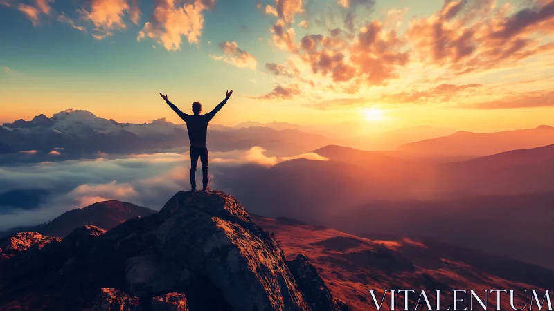 Solitary figure stands on rocky summit observing sunrise