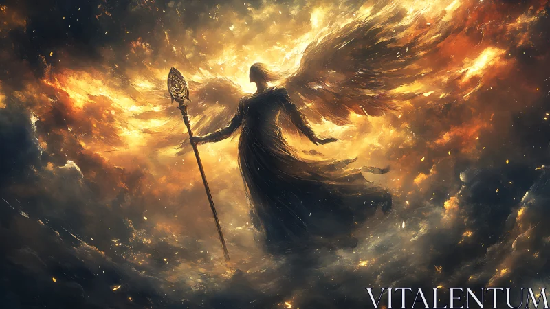 Fiery winged angel with spear in swirling cosmic clouds.