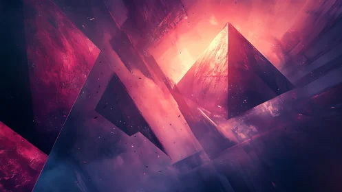 Floating geometric pyramids in glowing nebula space